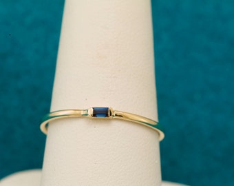 14k Gold Blue Sapphire Baguette Stacking Ring, Minimalist Dainty Jewelry