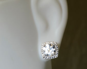 White Sapphire Halo Earrings, Sterling Silver, Bridal Jewelry