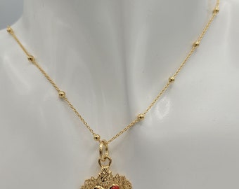 Red Enamel Sacred Heart Necklace, Flaming Heart