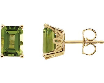 14K Gold Peridot Earrings, Emerald Cut August Birthstone Studs
