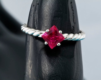 Square Lab Grown Ruby Twist Ring, Sterling Silver Engagement Band