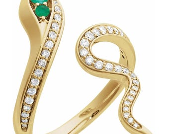 Emerald & Diamond Snake Ring in 14k gold