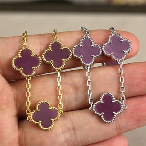 Vintage Purple Chalcedony 15mm Clover 5 Motif Bracelet 925 Silver 18k Gold Plated Bracelet
