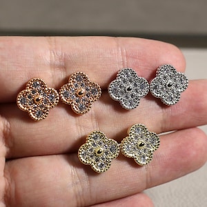 Vintage Full Diamond 15mm Clover Earrings 925 Silver 18k Gold Plated Clover Stud Earrings