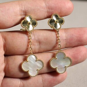 Vintage White Mother of Pearl and Full Gold Laser Clover Earrings 925 Silver 18k Gold Plated Clover Drop Earrings