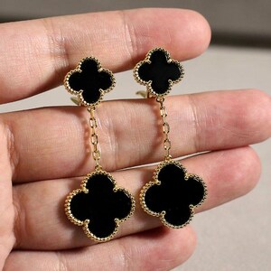 Vintage Black Agate Clover Earrings 925 Silver 18k Gold Plated Clover Drop Earrings
