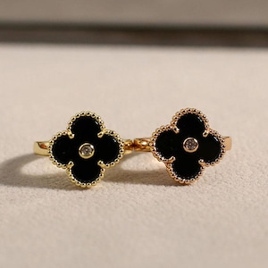 Vintage Black Agate with CZ Diamonds 15mm Clover Rings 925 Silver 18k Gold Plated Clover Rings