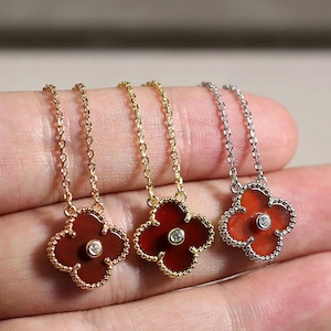 Vintage Red Chalcedony with CZ Diamonds 15mm Clover Necklace 925 Silver 18k Gold Plated Clover Pendant