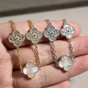 Vintage White Mother of Pearl with CZ Diamonds 15mm Clover 5 Motif Bracelet 925 Silver 18k Gold Plated Bracelet