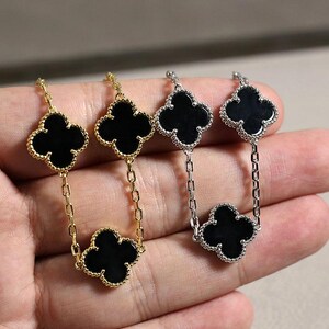 Vintage Black Agate 15mm Clover 5 Motif Bracelet 925 Silver 18k Gold Plated Bracelet