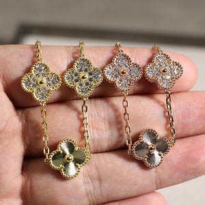 Vintage Full Gold Laser With CZ Diamonds 15mm Clover 5 Motif Bracelet 925 Silver 18k Gold Plated Bracelet