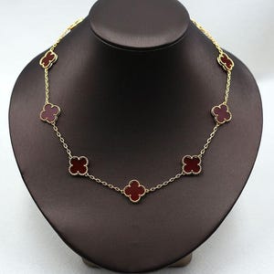 Vintage Red Chalcedony 15mm Clover 10 Motif Necklace 925 Silver 18k Gold Plated Clover Pendant
