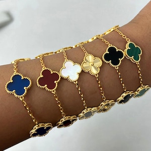 Vintage Mother-of-Pearl,Chalcedony,Agate, Malachite,15mm Clover 5 Motif Bracelet 925 Silver 18k Gold Plated Bracelet