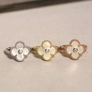Vintage White Mother of Pearl with CZ Diamonds 15mm Clover Rings 925 Silver 18k Gold Plated Clover Rings