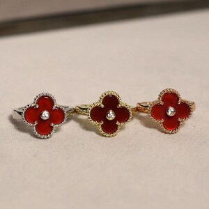Vintage Red Chalcedony with CZ Diamonds 15mm Clover Rings 925 Silver 18k Gold Plated Clover Rings