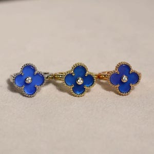 Vintage Blue Agate with CZ Diamonds 15mm Clover Rings 925 Silver 18k Gold Plated Clover Rings