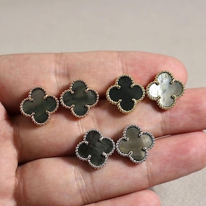 Vintage Grey Mother-of-Pearl 15mm Clover Earrings 925 Silver 18k Gold Plated Clover Stud Earrings