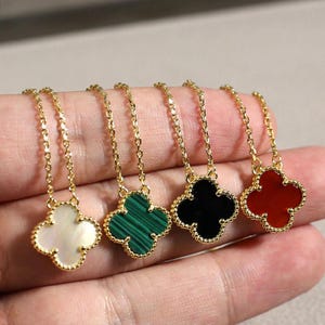 Vintage Chalcedony,Mother of Pearl,Malachite,Agate 15mm Clover Necklace 925 Silver 18k Gold Plated Clover Pendant