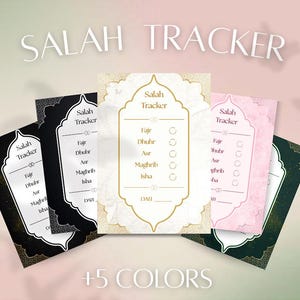 May include: Several Salah Tracker cards in different colours, such as black, gold, and pink. Each card has a decorative border and the words "Salah Tracker" at the top, with prayer times listed below. The image also includes the text "+5 COLORS".