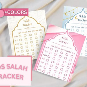 Può includere: Una collezione di tracker Salah in vari colori, tra cui rosa, oro e blu. Ogni tracker presenta un design ad arco decorativo con le parole "Salah Tracker" e uno spazio per contrassegnare le preghiere quotidiane. Una scheda rosa separata recita "KIDS SALAH TRACKER".
