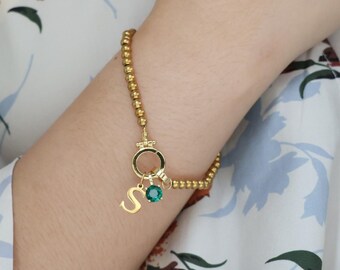 Custom Initial Birthstone Charm Bracelet: 18k Gold Plated Stainless Steel