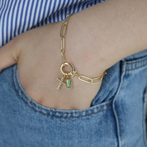Birthstone Cross Charm Bracelet: 18k Gold Plated Paperclip Chain