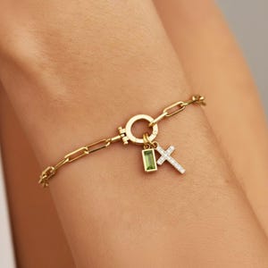 Paperclip Cross & Birthstone Bracelet, Family Birthstone Bracelet, Birthday Gift, Birthstone Bracelet for Women, Christmas Gift