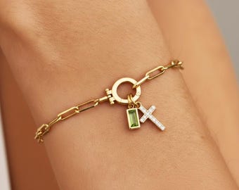 Paperclip Cross & Birthstone Bracelet, Family Birthstone Bracelet, Birthday Gift, Birthstone Bracelet for Women, Christmas Gift