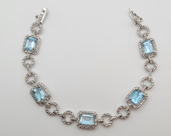 Vintage Tennis Aquamarine Glass Silver-Tone Bracelet 7"