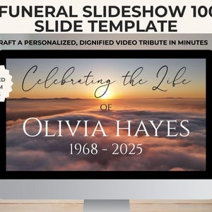 Może przedstawiać: Ekran komputera wyświetla szablon pokazu slajdów pogrzebowych. Tekst brzmi "Celebrating the Life of Olivia Hayes 1968-2025" na tle obrazu zachodu słońca. Dodatkowy tekst zawiera "Funeral Slideshow 100 Slide Template" i "Stwórz spersonalizowany, godny hołd wideo w kilka minut."