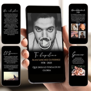 May include: A smartphone displays a memorial video with the text "Te despides" and the name Alan Sanchez Gutierrez, 1978-2025. Additional screens show text and photos related to the memorial service. The phone is held in a hand.