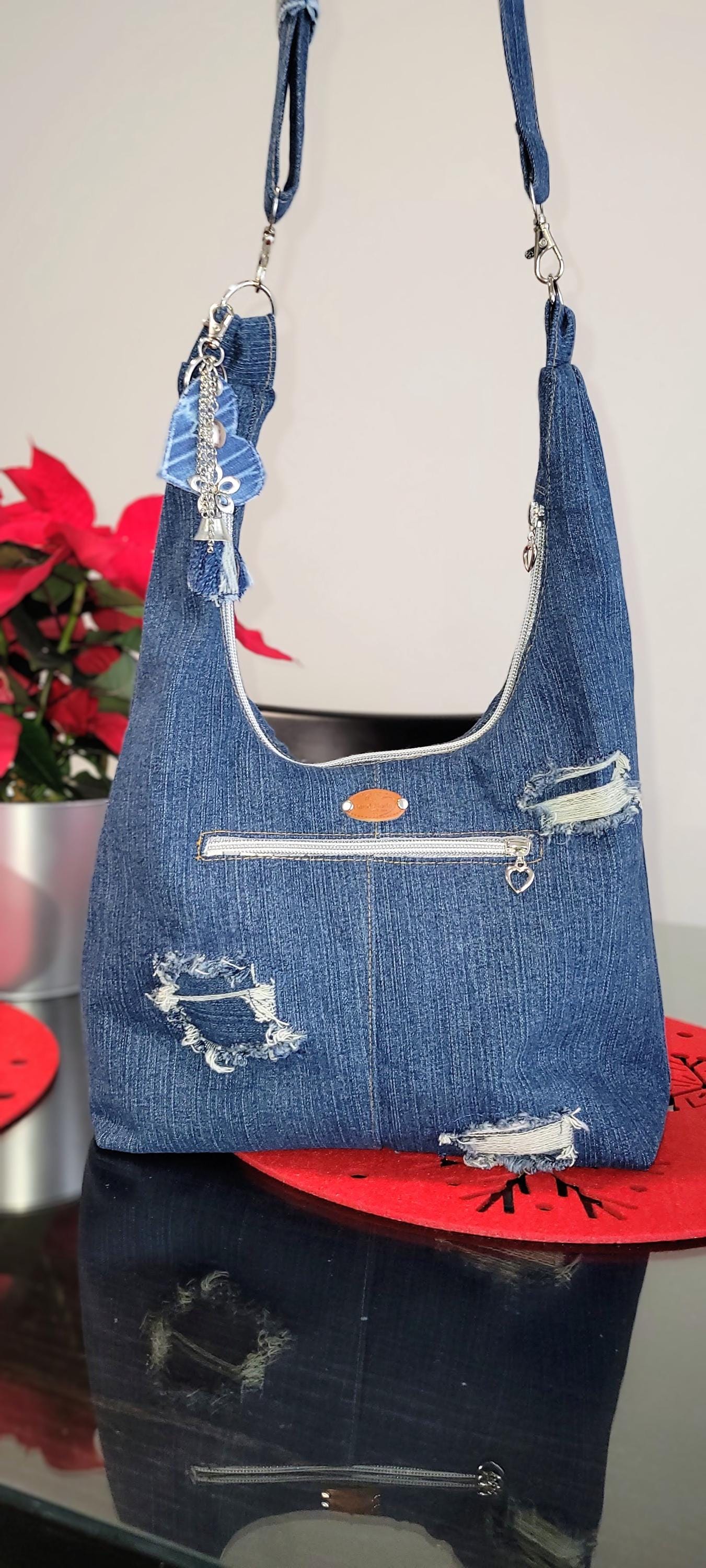 Distressed Denim Hobo Bag With Zipper, Silver Hardware - Etsy