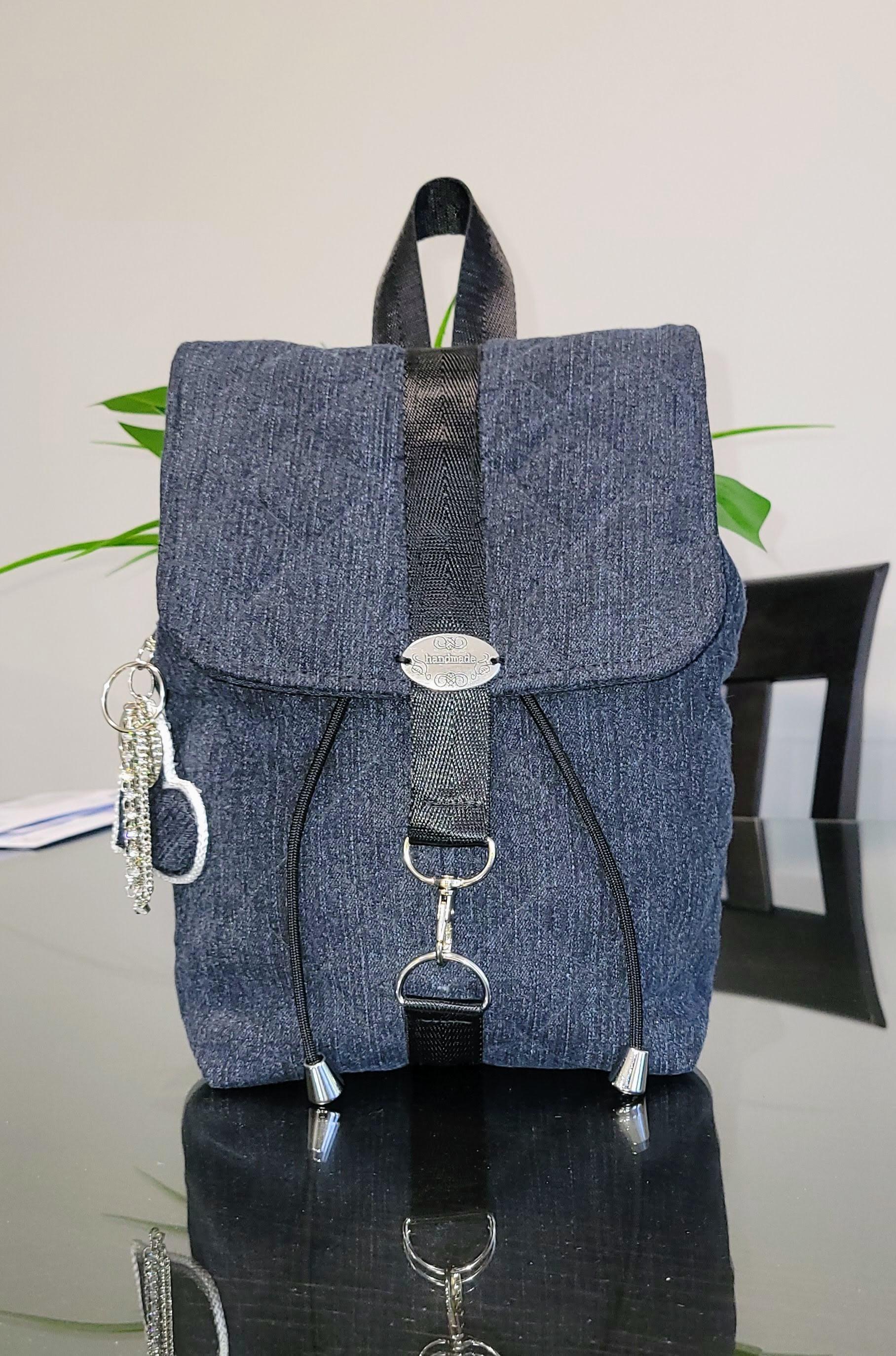 Handmade Original Design Upcycled Jeans Denim Drawstring Backpack Floral Lining Upcycled Denim Backpack: Handmade Floral Patchwork Jeans Bag  main image 2