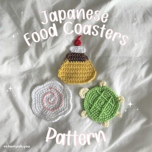 Op de afbeelding: Haakpatronen voor Japanse voedselonderzetters. De patronen omvatten een werveling, een schildpad en een puddingdessert.