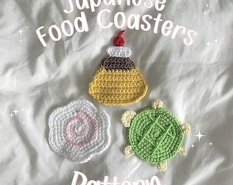 May include: Crochet patterns for Japanese food coasters. The patterns include a swirl, a turtle, and a pudding dessert.