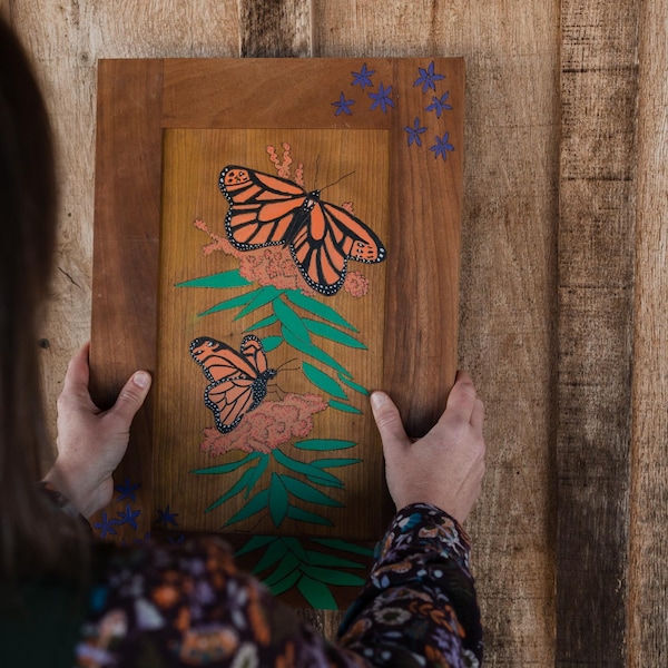Reclaimed Wood Cabinet Door with Monarch Butterflies, Wood Cabinet Door mixed-media pyrography and hand painted acrylic, Wood Wall-Hanging