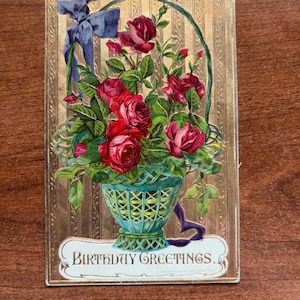 Antik Max Feinbergs födelsedagsvykort från 1910, tyskpräglad guldfärgad blomkorg med rosor
