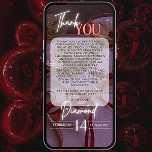 May include: A digital graphic with a Valentine's Day theme. The text reads "Thank You" at the top, followed by a message of gratitude. The date "February 14" and the time "5:00 PM" are also displayed. The background features blurred red and white elements.