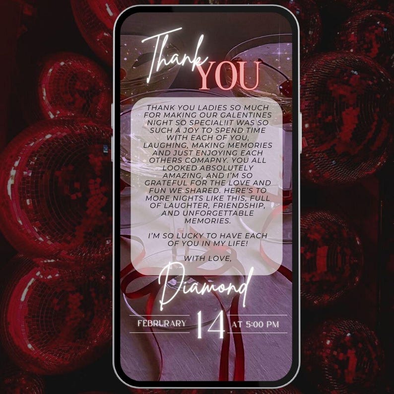 May include: A digital graphic with a Valentine's Day theme. The text reads "Thank You" at the top, followed by a message of gratitude. The date "February 14" and the time "5:00 PM" are also displayed. The background features blurred red and white elements.