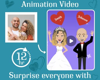 May include: A teal graphic promoting a digital wedding invitation animation video. The image includes a photo of a couple, cartoon illustrations of a bride and groom, and the text "Surprise everyone with an unforgettable invitation!"