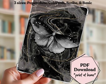 Black Moth Kindle Insert, Gothic Marble Watercolor Art (Digital Download)