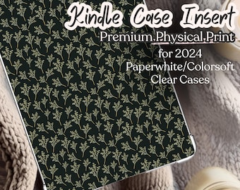 Gold Botanical Kindle Paperwhite Case Insert, Dark Green Wildflower Pattern, Cottagecore Reader Accessory