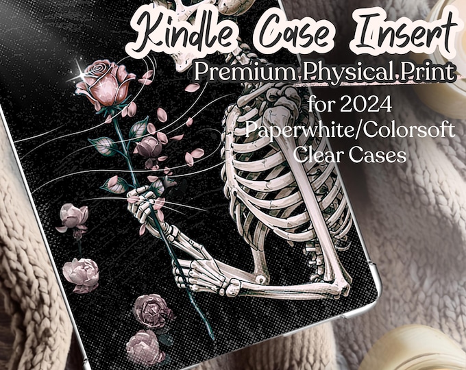 Featured listing image: Gothic Skeleton Rose Kindle Case Insert, Dark Academia Art (2024 Paperwhite/Colorsoft)