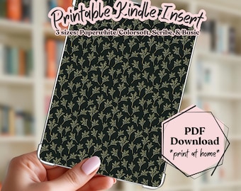 Gold Botanical Kindle Paperwhite Case Insert, Dark Green Wildflower Pattern, Moody Floral, Gothic Botanical Reader Insert