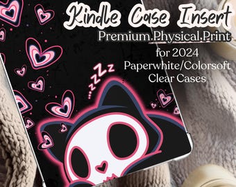 Sleeping Skull Cat Kindle Insert, Pastel Goth Hearts, 2024 Paperwhite/Colorsoft (Physical Print)