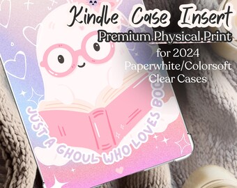 Pastel Kawaii Ghost Kindle Insert, Book Lover Reading Ghost (Physical Print)