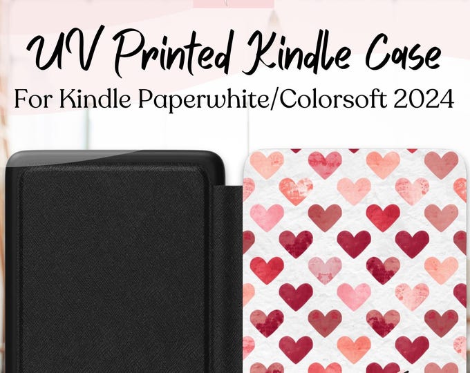 Featured listing image: Watercolor Hearts Kindle Paperwhite Case | Saffiano Leather, Valentine's Gift