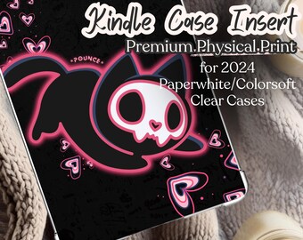 Skull Cat Kindle Insert, Neon Goth Kawaii Art, 2024 Paperwhite/Colorsoft - Physical Print