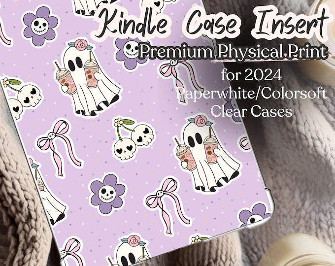 Featured listing image: Summerween Kindle Insert, Pastel Ghost Kawaii eReader Case Insert - Physical Print
