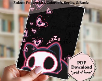 Kindle Colorsoft Insert Printable - Neon Skull Cat for Paperwhite 2024 & Scribe